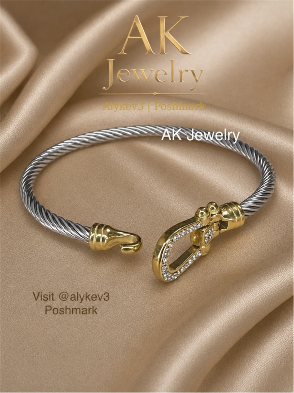 💎LUXURY BRACELET Cable Cuff Stainless Steel Twisted Rope Wire Horseshoe Clasp - Picture 4 of 6